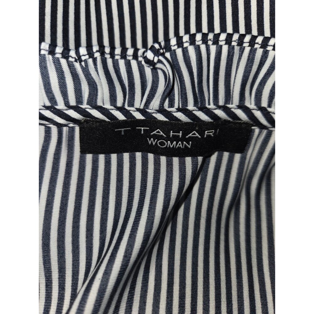 T Tahari Women's 3X Striped Ruffle-Neck Blouse Black White Button-Down Top - Picture 7 of 9